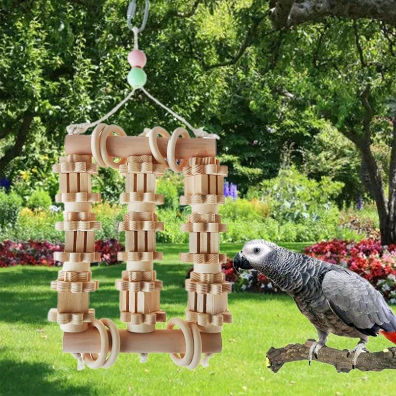 Parrot Wooden Chewing Toy Natural Wood Blocks with Metal Hanging Hook for Cage