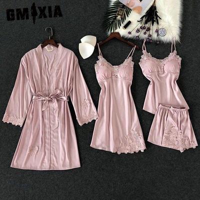 Spring and Autumn Pajamas for Women, Sexy Spaghetti-strap Sleeping Dresses with Chest Pads, Ice Silk Thin Bathrobes and Home Wear Pajama Sets