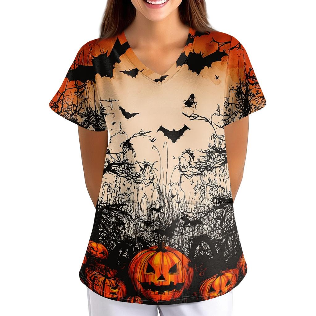 Women's Halloween Print Loose Fit V Neck Short Sleeve Medical Scrub Top with Pockets for Healthcare Professionals Comfortable Workwear