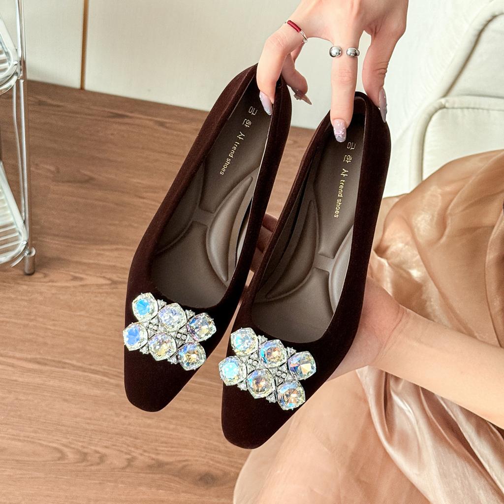 Französische elegante flache Schuhe mit innerer Höhenerhöhung Herbst Strass Damenschuhe kleiner eckiger Kopf Temperament vielseitig schwarz Arbeitsschuhe Damen