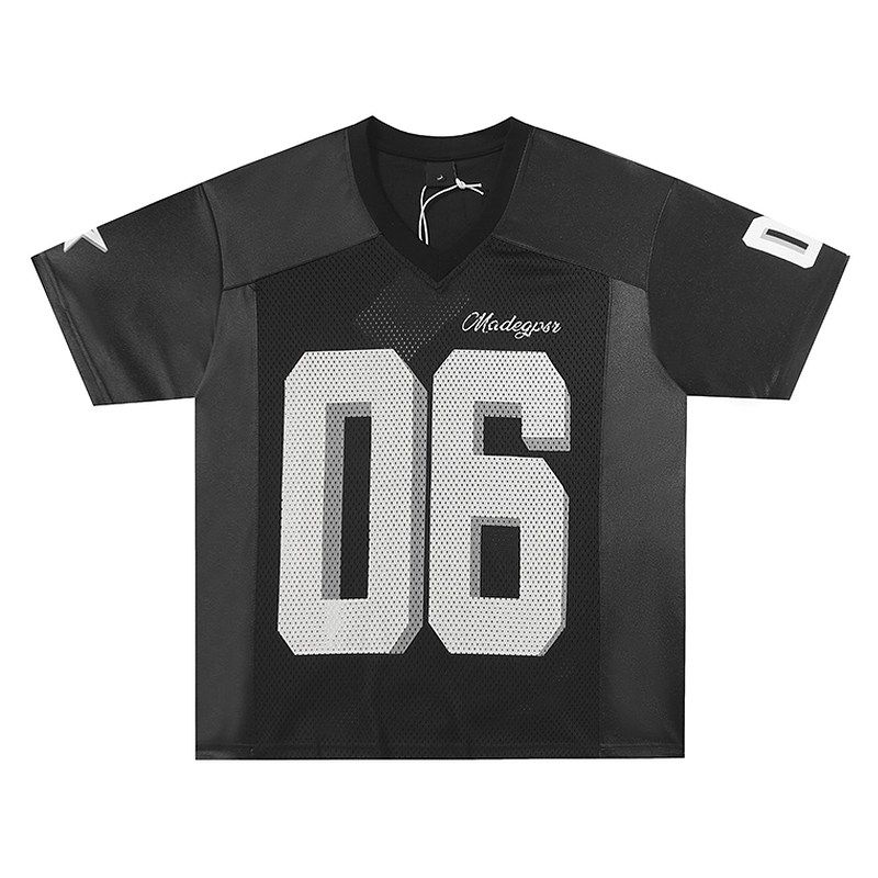 51 Hip-Hop American Style Trendy Brand Patchwork Mesh V-Neck Jersey Short-Sleeve T-Shirt for Men and Women, Breathable and Cool Summer Sports Top