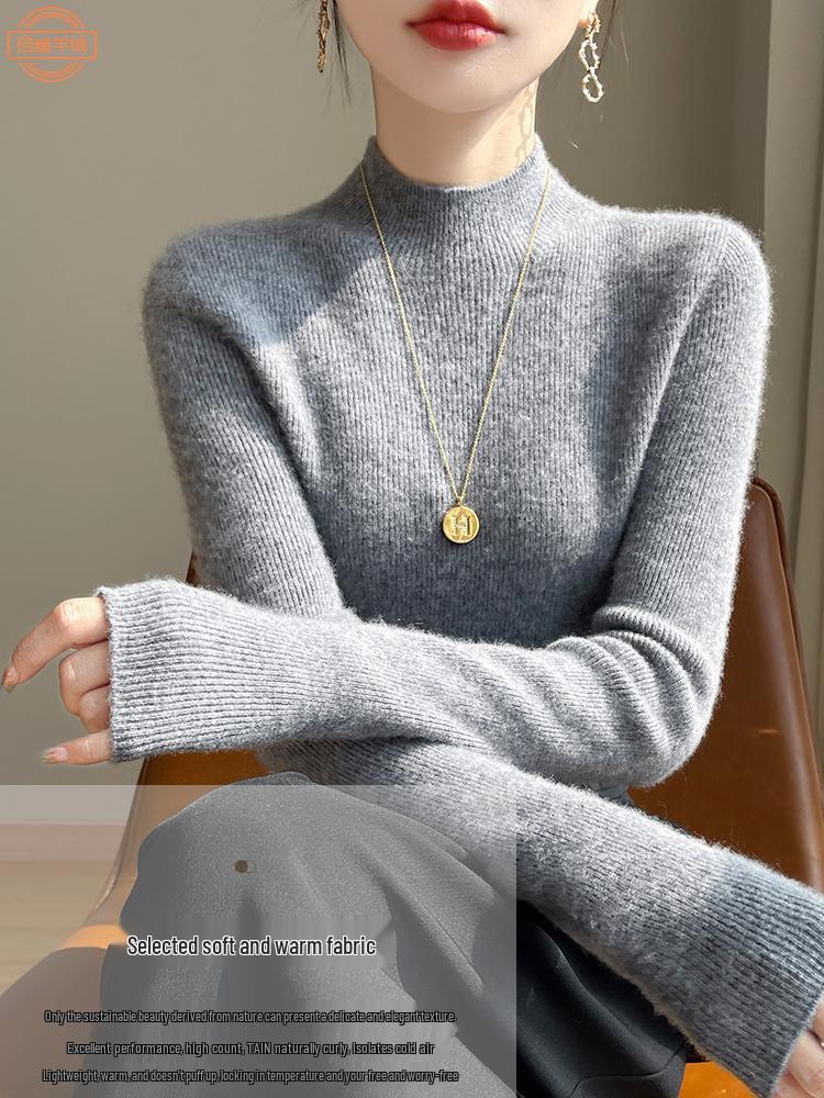 Women's Slim Fit Wool Sweater - Half-High Neck, Long Sleeve, Warm Autumn Winter Knit Base Layer