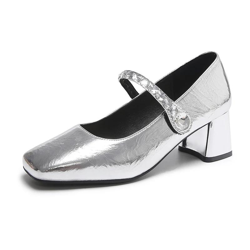 French Silver Rhinestone Mid-heel High-heeled Shoes Women 2025 New One-line Buckle Heel Pumps Luxury Sandals