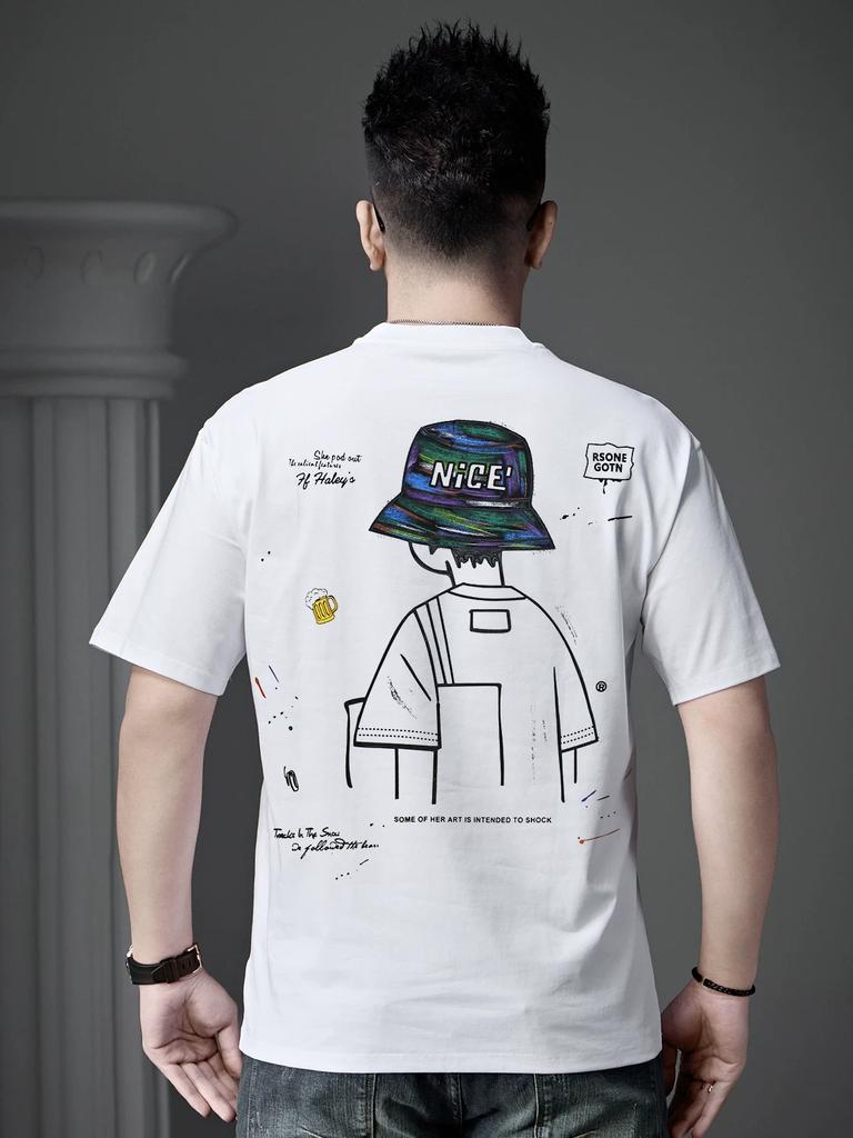 European Goods 2025 New Trendy Brand Cartoon Print Short-Sleeved T-Shirt Men's Round Neck Casual Top Summer Half-Sleeved T-Shirt