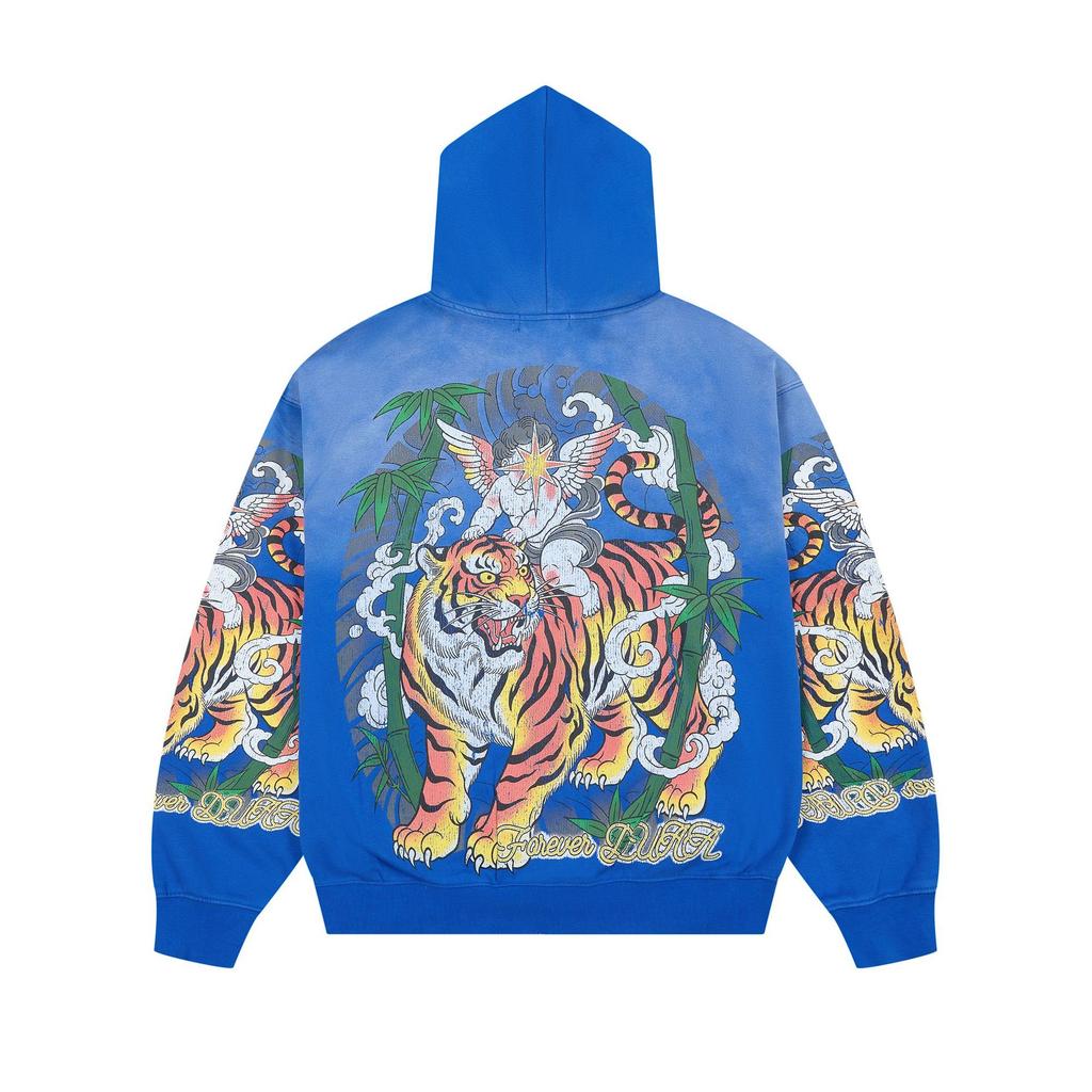 DUAA blue tiger print cardigan hooded sweater men's and women's same style retro old loose hot diamond zipper jacket