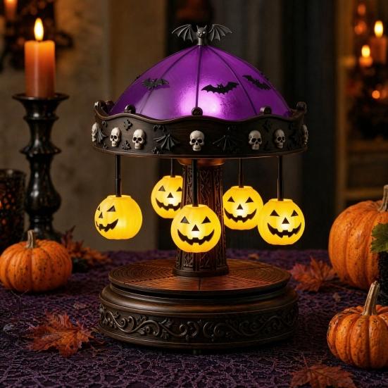 xiaobudian Ghost Carousel Light, Halloween Night Gothic Stained Glass Shade with Floating Ghosts/Pumpkins, Spooky Table Lamp for Bedroom Home