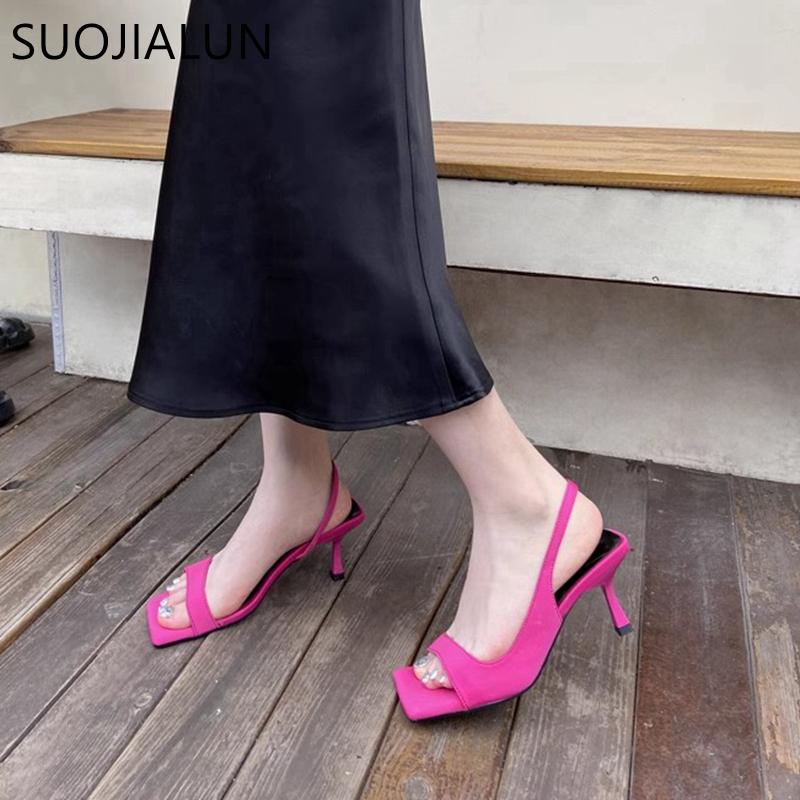 Fashion SUOJIALUN 2024 Summer New Brand Women Sandal Fashion Square Toe Shallow Ladies Elegant Slides Thin High Heel Outdoor Dress Pumps