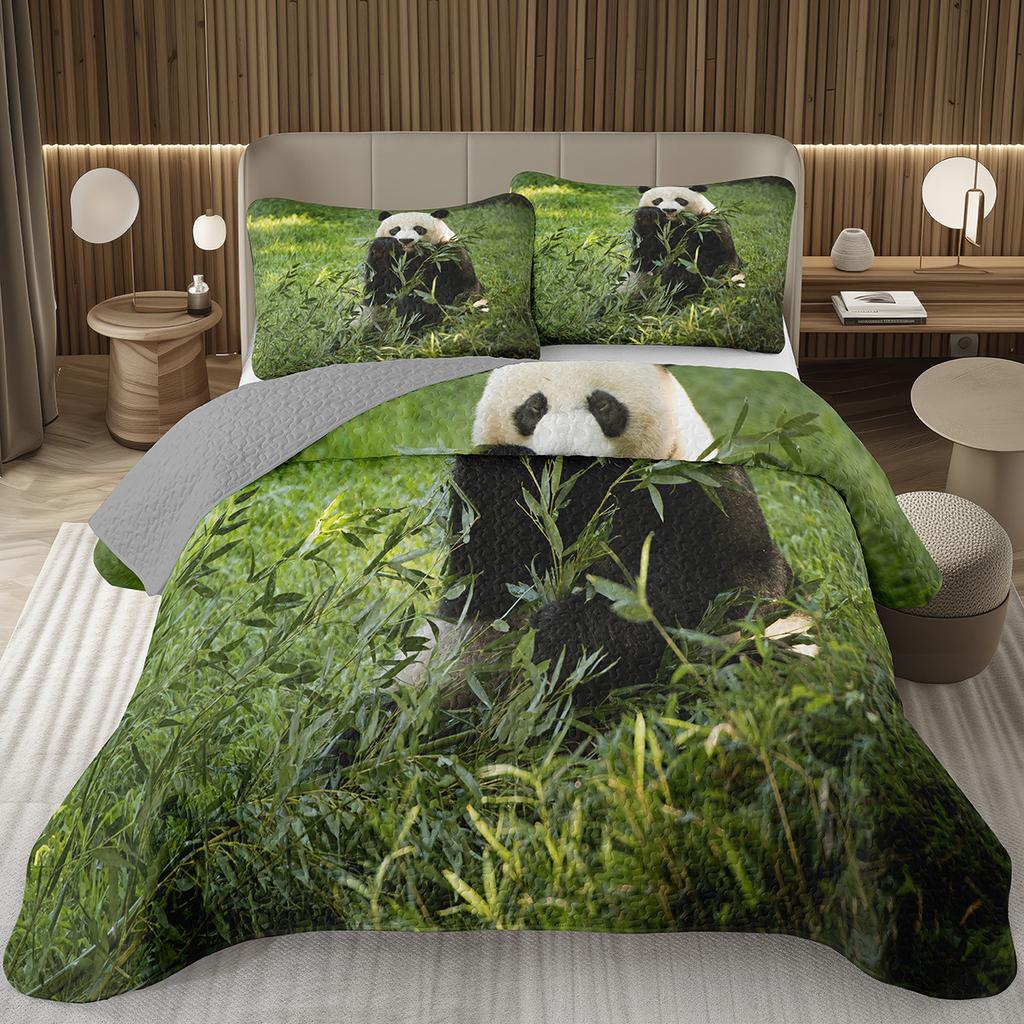 White And Black Panda Bedspread Set Kawaii Bamboo Botanical Twin Quilt Set Cute Panda Themed Coverlet Wild Animal Bedding Set