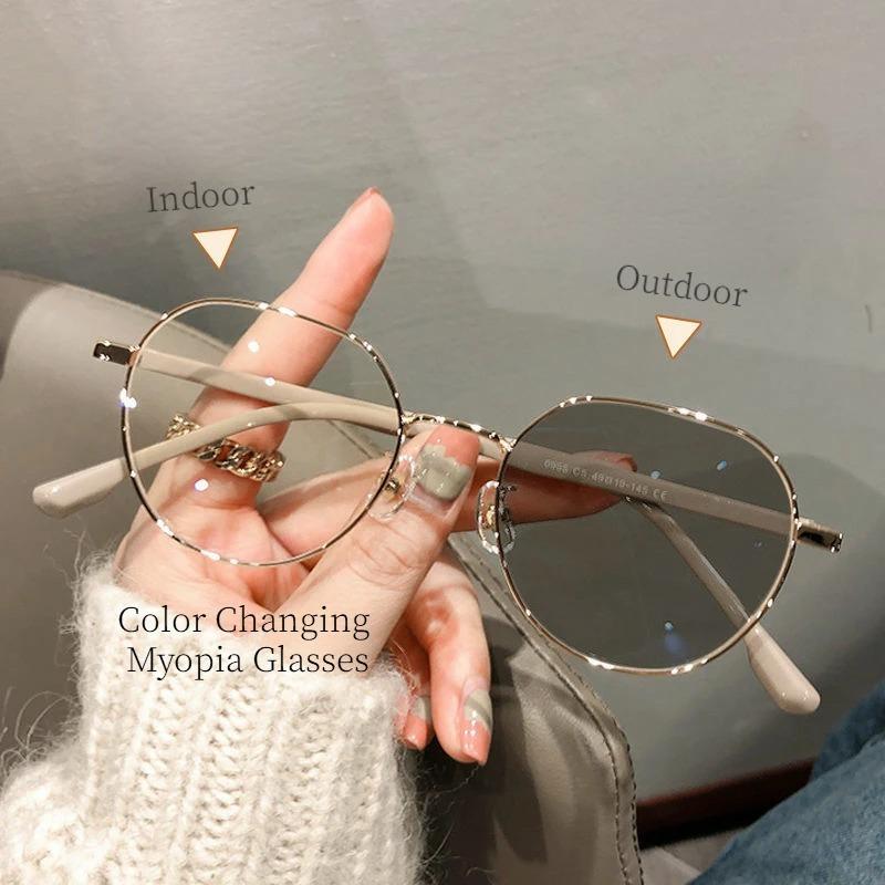 Pochromic Anti Blue Light Polygons Myopia Glasses Women Men Metal Discolored Nearsighted Eyeglasses 0-0.5-1-1.5...-4.0