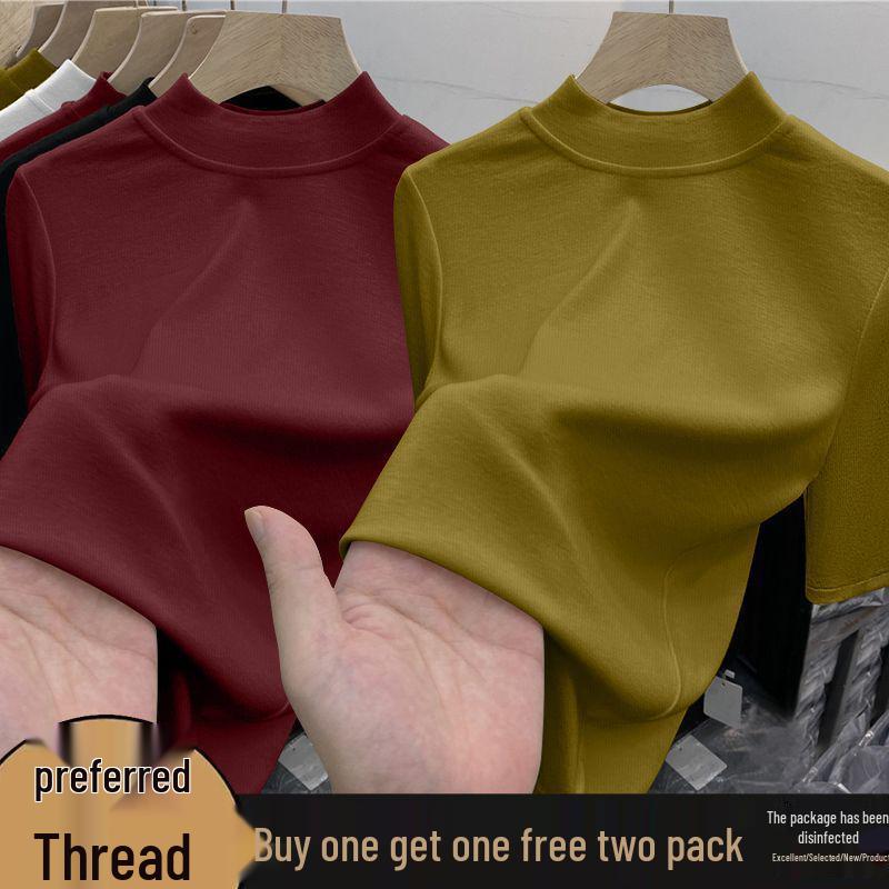 Chic High-Neck Slimming Mid-Sleeve Top (1/2 Piece) - Fashionable Natural Shoulders, Ideal for Spring/Autumn Layering, Body-Conscious Women's T-Shirt