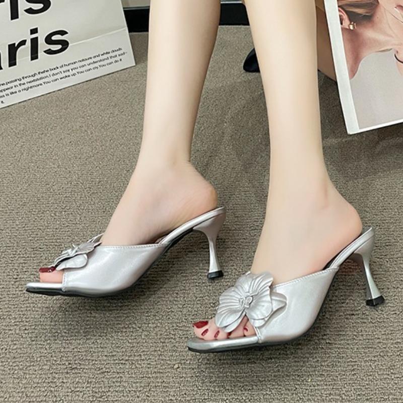 Flower Decoation Slip On Slippers Sexy Square Toe Thin Heel Shallow Leather New Arrivals Fashion Women Modern Shoes