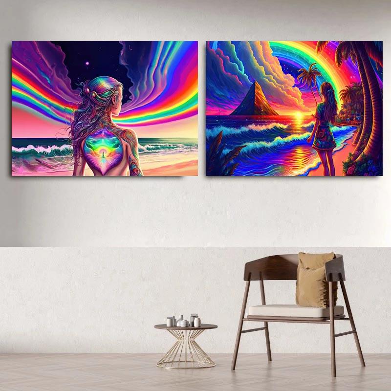 Abstract Colorful Rainbow Goddess Lotus Posters and Prints Figures Canvas Painting Wall Art Pictures for Room Home Decoration