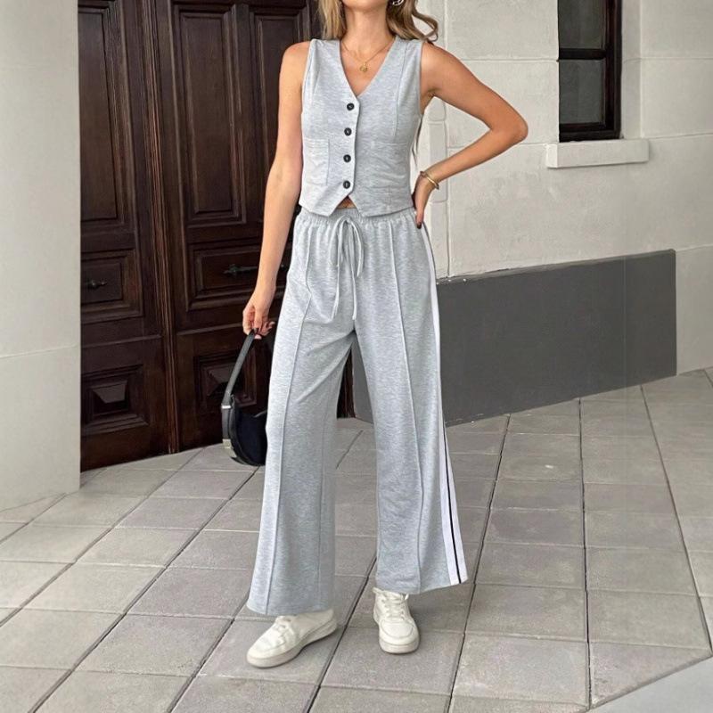 Women's Loose Fit Two Piece Set Sleeveless Crop Top Elastic Waist Wide Leg Pants Tracksuit
