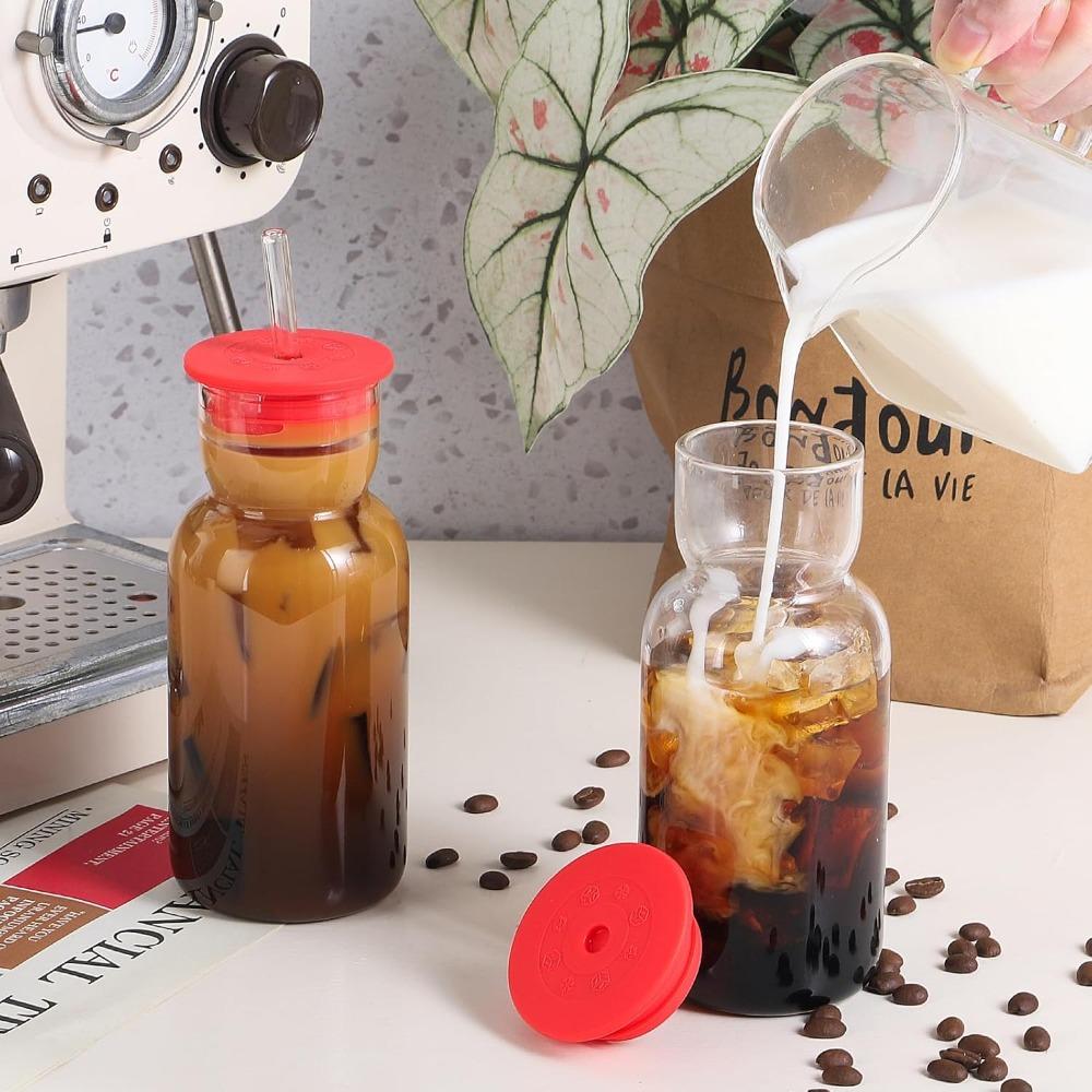 Heat Resistant Glass Water Bottle with Straw Silicone Lid Drink Cup Food Grade Juice Bottle Bar