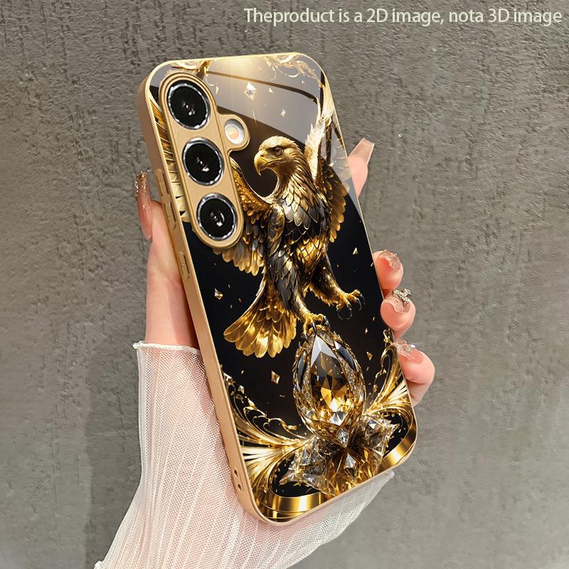 Golden Eagle Pattern 2D Phone Case for Samsung S26 S25 S24 S23 S22 S21 S20 A56 A36 A16 - Gold Glass Protective Cover