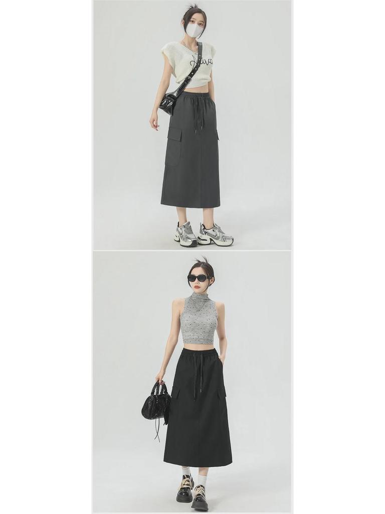 Women's American-Style A-Line High Waist Skirt with Pockets - Solid Color, Mid-Length, Slim Fit, Split Design for Spring/Summer 2025