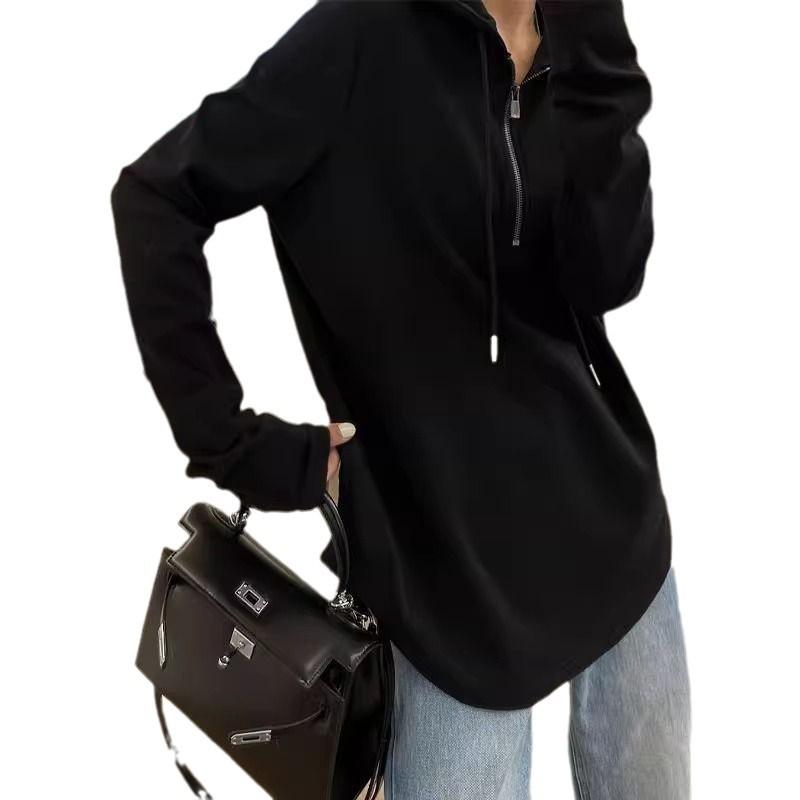 Women's Dark Gray Hooded Long-Sleeve Loose-Fit Half-Zip Top for Autumn/Winter