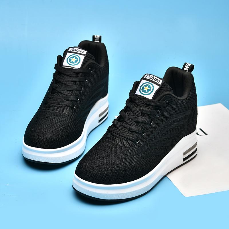 Women's heightening shoes 9CM thick-soled slim-fitting and light mesh breathable black pure white casual shoes mother shoes