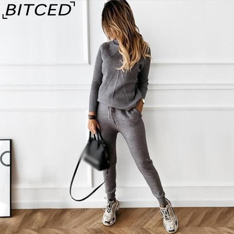 BITCED Autumn and Winter High-neck Solid-color Fashionable Casual Top + Trousers Sweater Set for Women
