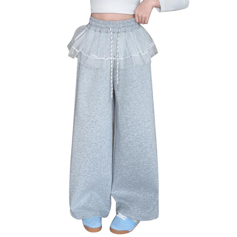 Girls' Spring 2025 Casual Sweatpants: New Style Mesh-Spliced Wide Leg Sports Pants for Kids
