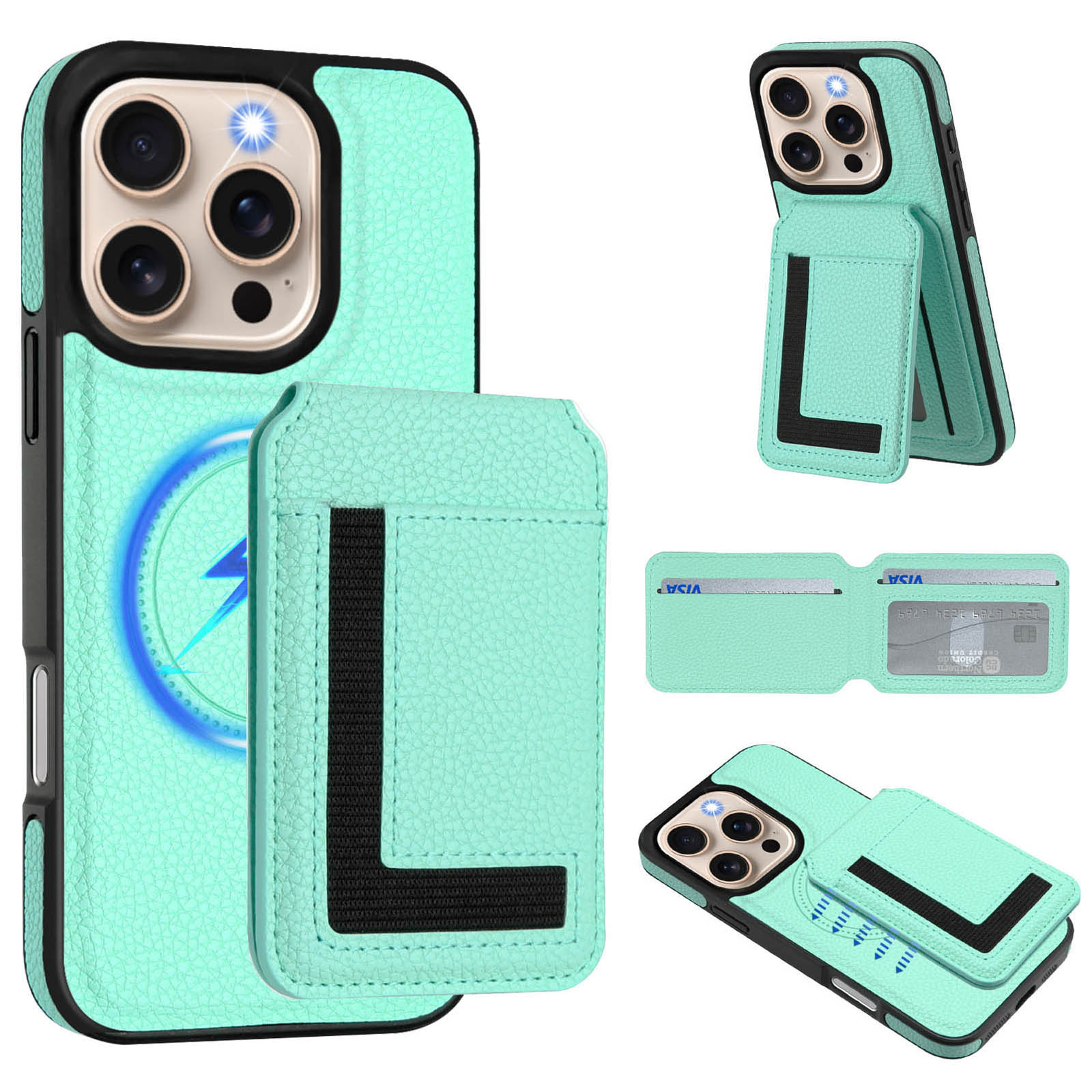 

Для iPhone 16 Pro Max Магнітний чохол TPU+Шкіра PU Задня кришка телефону зі знімним тримачем для карток Mint Green