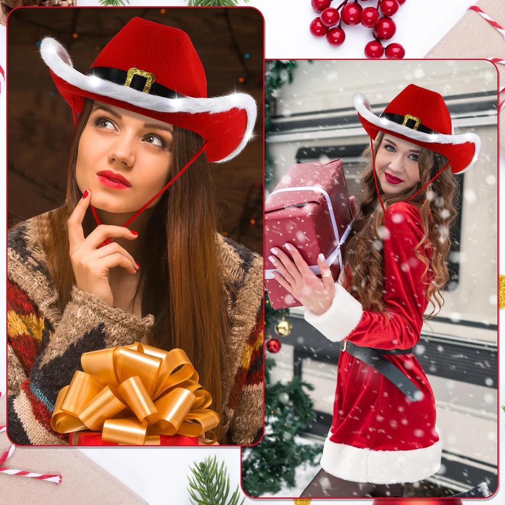 Fluffy Santa Claus Party Christmas Luminous Cowboy Hat Western Red Felt Hats Wide Brim Cowgirl Hat Jazz Hat for Women Men