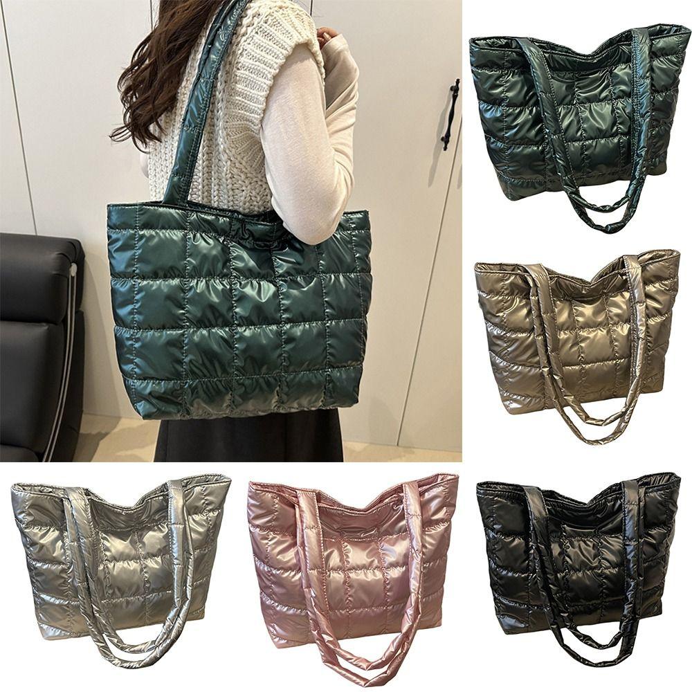 Fashion Solid Color Shoulder Bags Large Capacity Down Cotton Padded Quilted Tote Bag Underarm Bags Women Girls