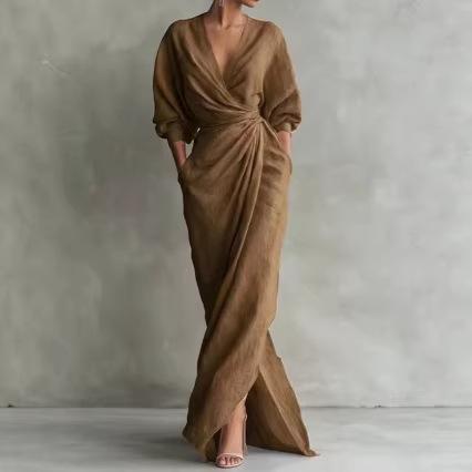 Women's Suede Lapel not Included Belt Maxi Dress Single-Breasted Long Sleeve Tailored Fall Winter Semi-Formal
