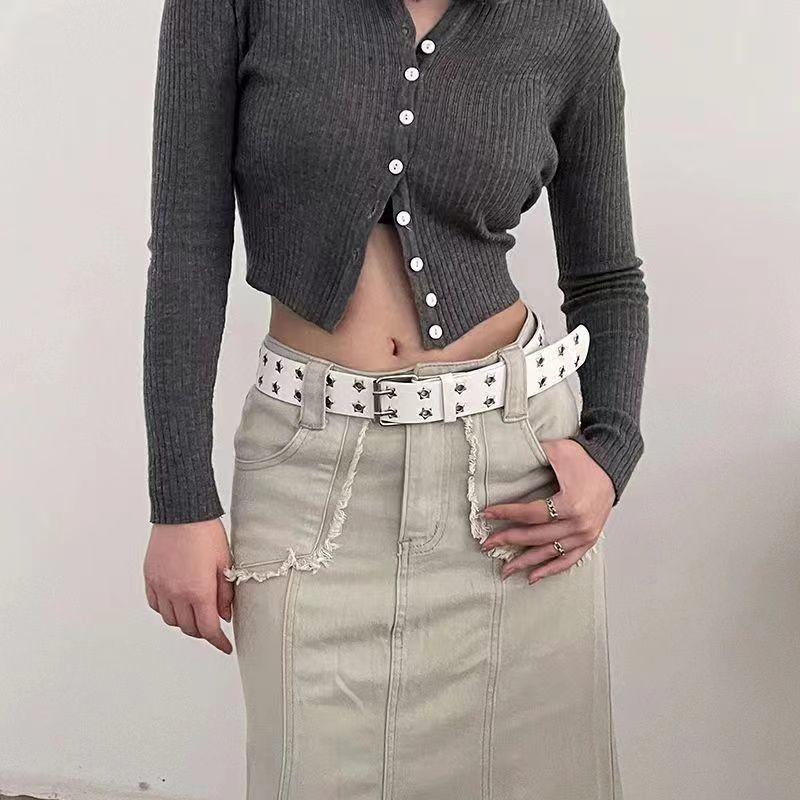 Contemporary Summer Womens Belt With Striking Double Row Star Buckle In Pu Leather