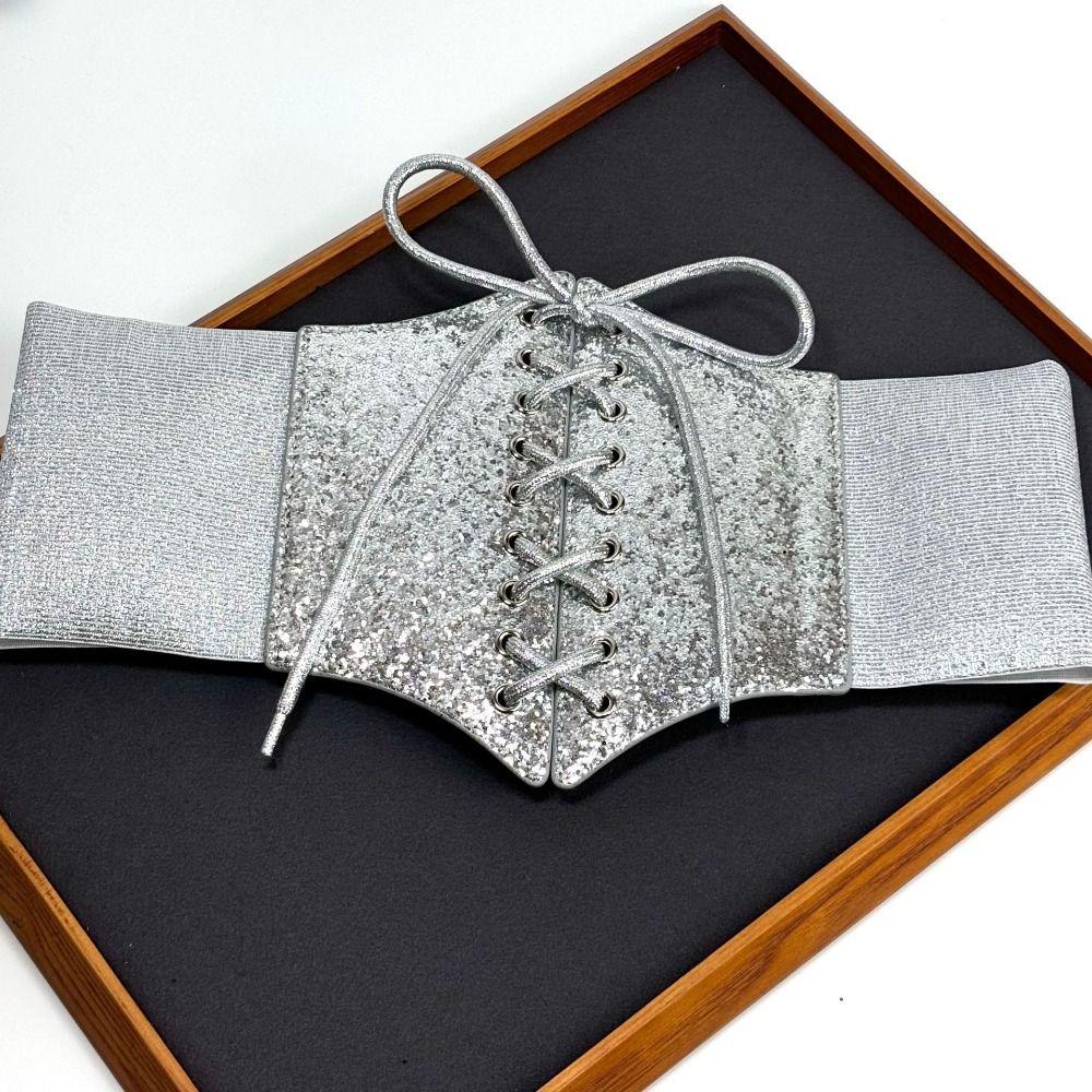 PU Leather Leopard Print Waistband Elastic Blingbling Corset Belt Luxury Gold Cummerbunds  Dress