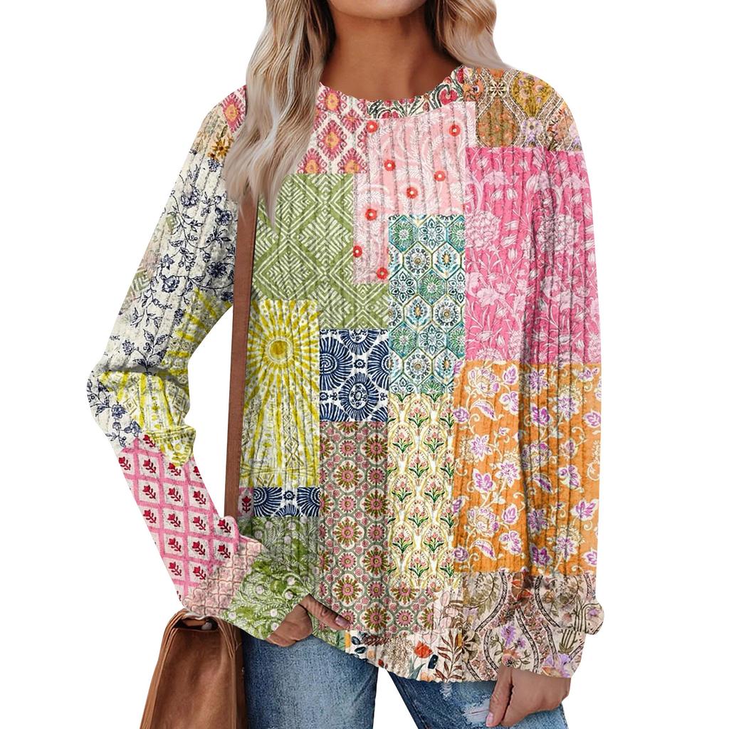 Women's Printed Lightweight Brushed-Cotton Round Neck Top