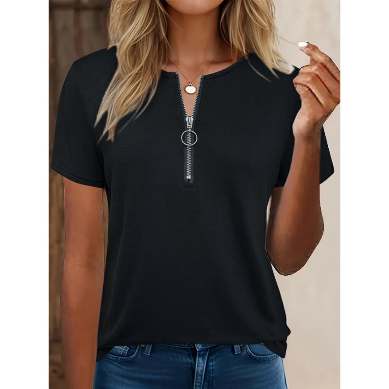 Women Elegant V-neck Zipper Detail Short Sleeved T-shirt for Spring, Summer, Autumn Casual Wear, Machine Washable
