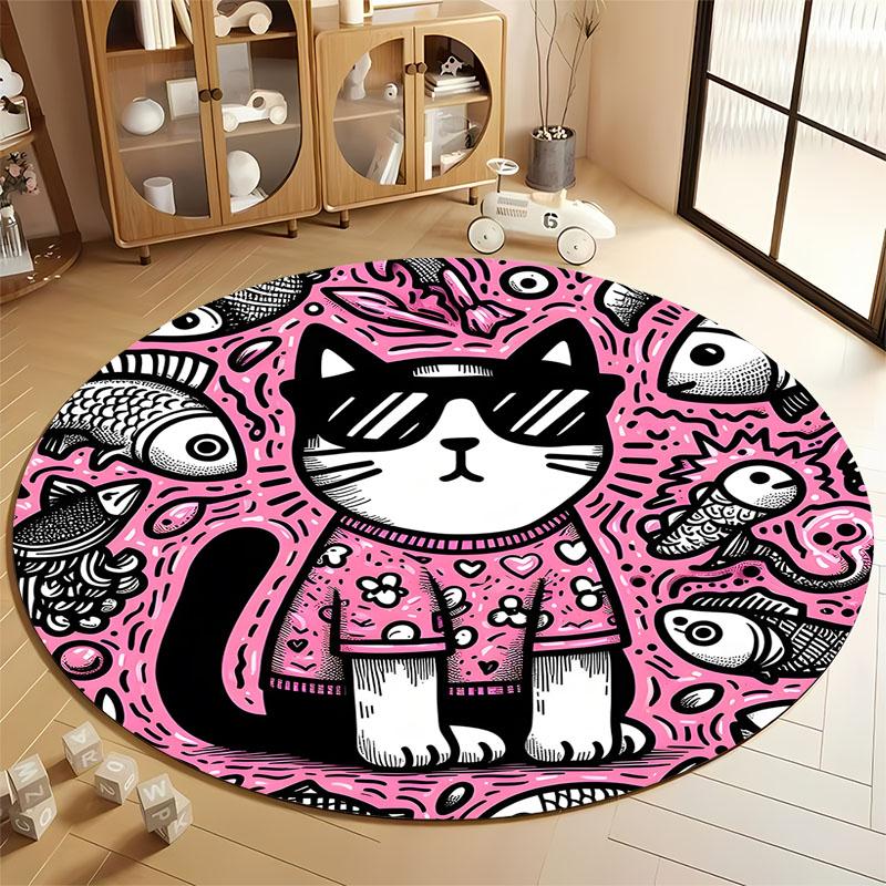 

Playful Pink Cat Rug for Kids Rooms round carpet for home sofa bedroom, gift Diameter 60cm