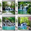 Waldwasserfall Duschvorhang Außen Naturlandschaft Üppige Wälder Grüne Pflanzen Blumig Polyester Duschvorhänge Badezimmer Dekoration