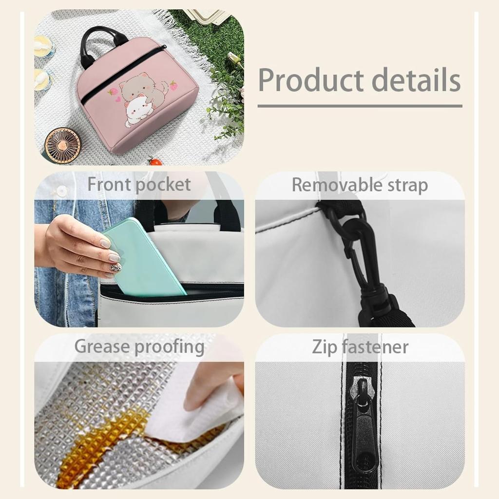 Kawaii Erdbeer-Katze Lunchtasche für Mädchen Kinder 8-10 10-12 Isoliert Lunchbox Tragbar Kühlbox Lunchbag Tragetasche Handtasche Mahlzeitenvorbereitung Organizer Arbeit Schule