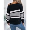 HNXC Autumn and Winter Casual Color-blocking Striped Lantern Sleeve Metal Buckle Off-the-shoulder Pullover Sweater for Women