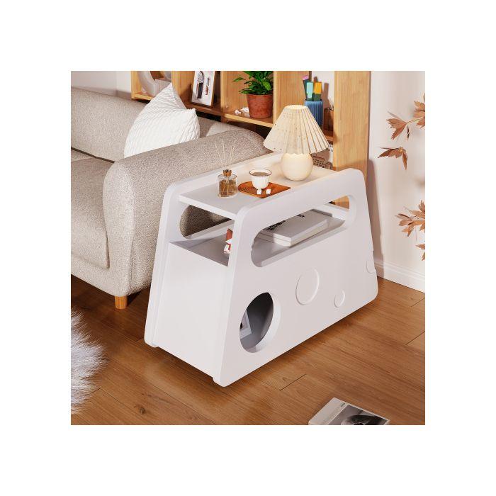 Table d'appoint - Blanche - Design rond - Mobile sur roulettes - Idéale pour petits espaces