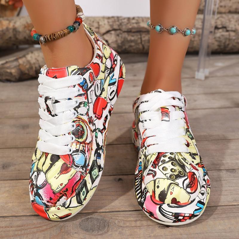 2025 New Arrival Oversized Sneakers with Colorful Letter Prints, Thick Soles, Lace-Up Round Toe, Sporty Style Women's Shoes