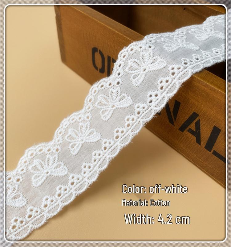 Off-White Lace Trim Embroidery Cloth for Skirt Hem Decoration - Pure Cotton, Double-Locked Edge