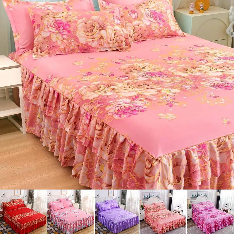 Ensemble 3 pièces Double Couche Coton Style Pastoral Housse de Lit Volants Housse de Lit Imprimé Végétal Jupe de Lit Couvre-lit Simple Double