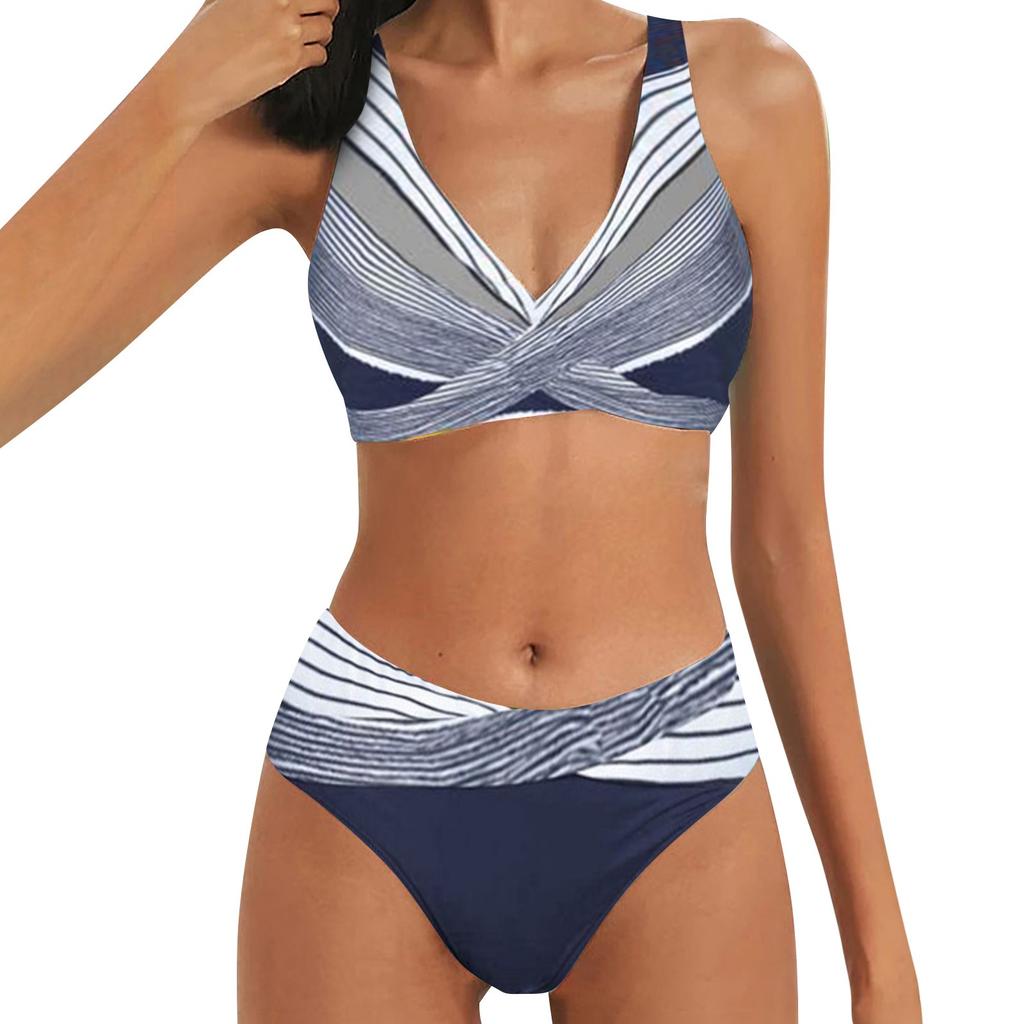 Women'S Swimsuits Tummy Control Sexy High Waist Printed V Neck Color Block Beach Bikini Two Piece Swimwear For Teen Girls