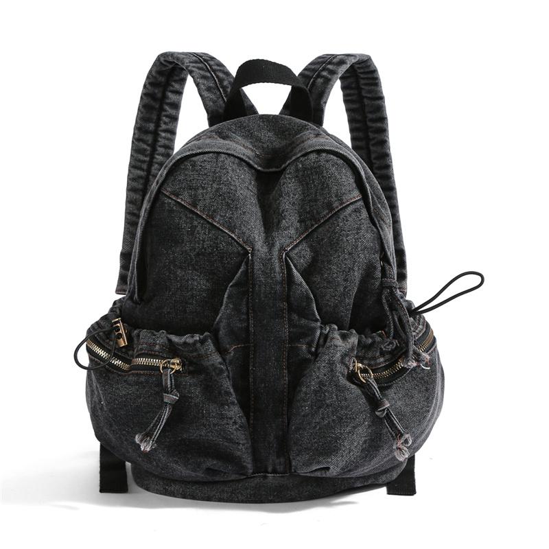 Denim Backpack Women's Fashionable Casual School Bag Trendy Rucksack with Drawstring Pockets