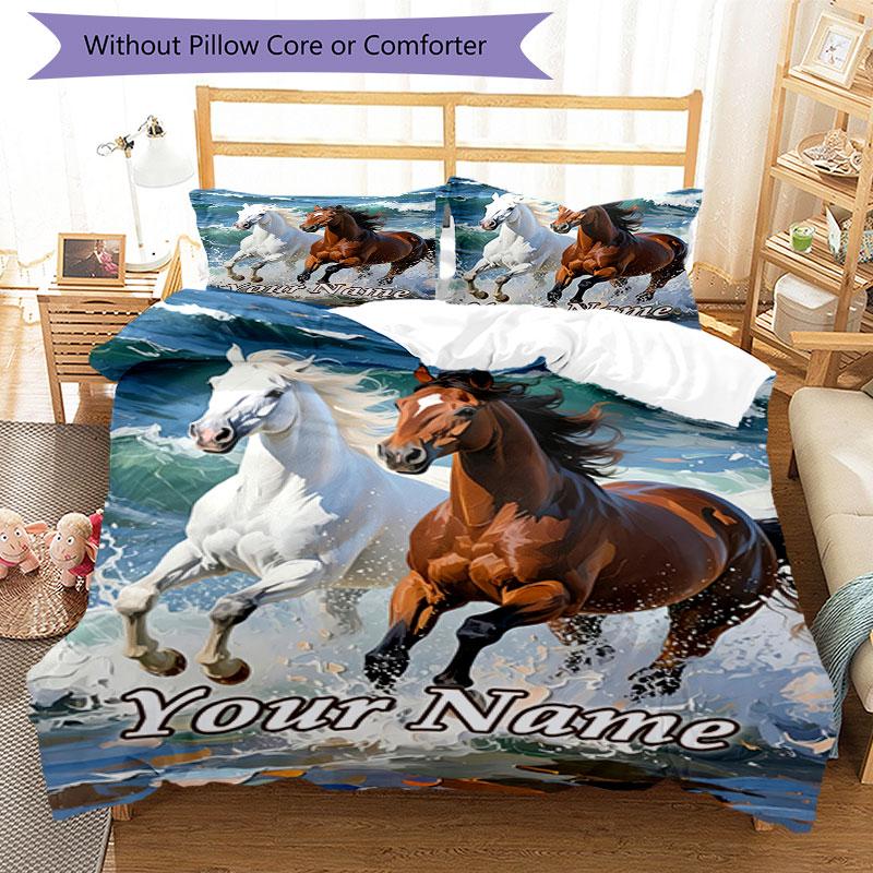 3PC Custom Name Horses Ocean Wave Bedding Set Duvet Cover Closure Includes 1 Duvet Cover & 2 Pillowcases for Bedroom