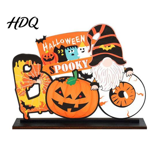 Holiday Desktop Layout Ornaments Halloween Tabletop Decor Signs Pumpkin Ghost Gnome Wood Centerpiece Blocks Spooky Cartoon Style Figures Party