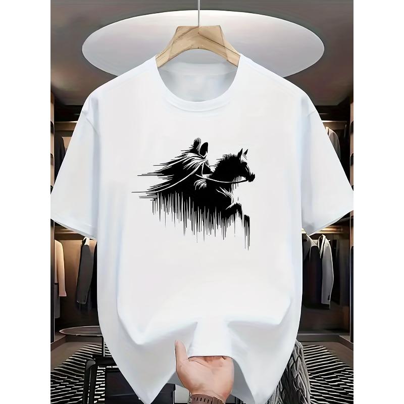 A Round-Neck Short-Sleeve T-Shirt Featuring a Black Silhouette of a Horseback Rider on The Front. Horseback Riding Often Evokes Feelings S белый