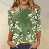 Womens Casual Floral Print Top with Three Quarter Sleeves and Crew Neck Relaxed Fit Lightweight Blouse for Everyday Wear