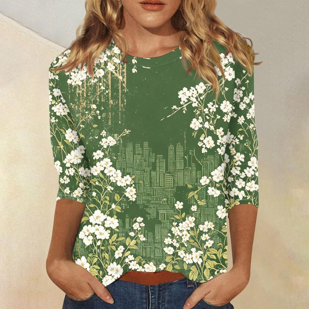 Womens Casual Floral Print Top with Three Quarter Sleeves and Crew Neck Relaxed Fit Lightweight Blouse for Everyday Wear
