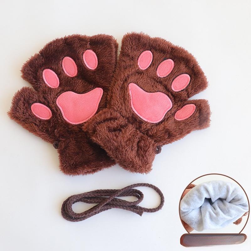 Gants patte de chat dames hiver coréen filles mignonnes sans doigts épais chaud patte d'ours en peluche demi-doigt gants