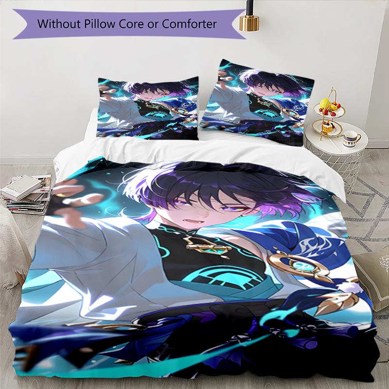 3pcs Genshin Impact Wanderer1 Design Cover Set - HD Printed Bedding with 1 Cover and 2 Pillowcases - Perfect for Home and Dorm Decor
