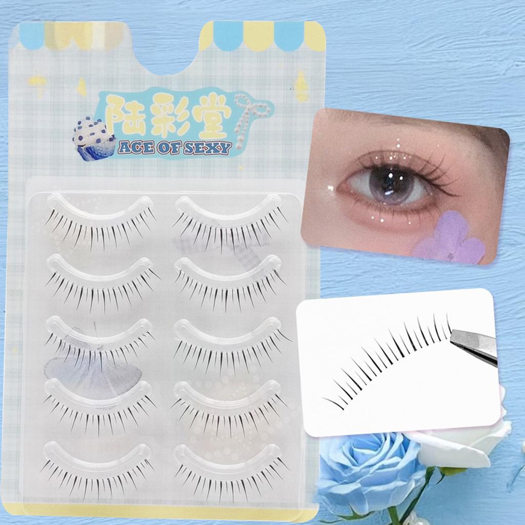 5 Pairs Thai Style False Eyelashes 0.05mm Black 5-8mm Mixed C Curl With Thin Transparent Band Natural Look